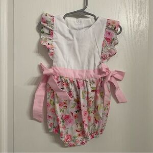 Babeeni Girl’s Pink White Floral Ruffle Sleeve Bows Bubble Romper NWT Size 2T